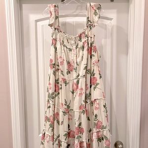 Floral Tiered Maxi Dress- Cream with Pink Roses 3x